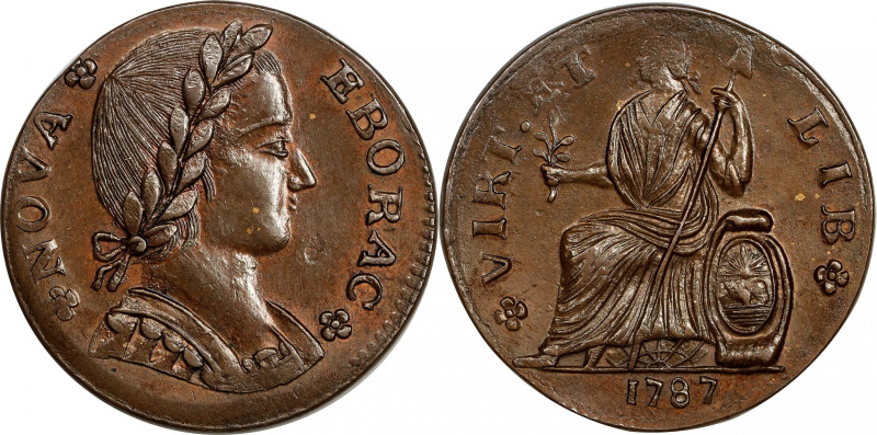 1787 Nova Eborac Copper. W-5755, Breen-986. Rarity-3. Medium Bust, Seated Figure...