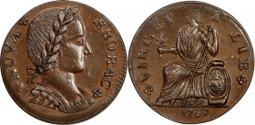 1787 Nova Eborac Copper. W-5755, Breen-986. Rarity-3. Medium Bust, Seated Figure Left. MS-64+ BN (PCGS).
133.8 grains. One of the finest known exampl...