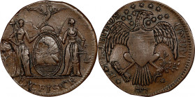 1787 New York Excelsior Copper. W-5775, Breen-978. Rarity-7+. New York Arms / Heraldic Eagle Reverse. Eagle Facing Right, Arrows at Left. AU-53 (PCGS)...