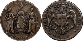 1787 New York Excelsior Copper. W-5780, Breen-979. Rarity-6+. New York Arms / Heraldic Eagle Reverse. Eagle Facing Right, Arrows at Right. EF-40 (PCGS...
