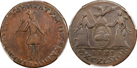1787 New York Excelsior Copper. W-5795, Breen-990. Rarity-6+. Standing Indian / New York Arms. VF-30 (PCGS).
180 degree die rotation. A superb exampl...