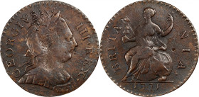 1771 Machin's Mills Halfpenny. Vlack 3-71B, W-7680. Rarity-5. GEORGIVS III, Group I. EF-40 (PCGS).
121.6 grains. A bold example of the 1771 date and ...
