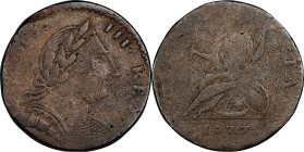 1777 Circulating Counterfeit Halfpenny. Vlack 10-77A, W-8125. Rarity-7. Machin's Mills Related. Fine-12 (PCGS).
100.1 grains. Microporous tan and lig...