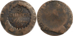 (1790) Albany Church Penny. With D. W-8500, Breen-1170. VF-35 (PCGS).
110.8 grains. Perhaps the most eye-catching example of this rarity known, with ...