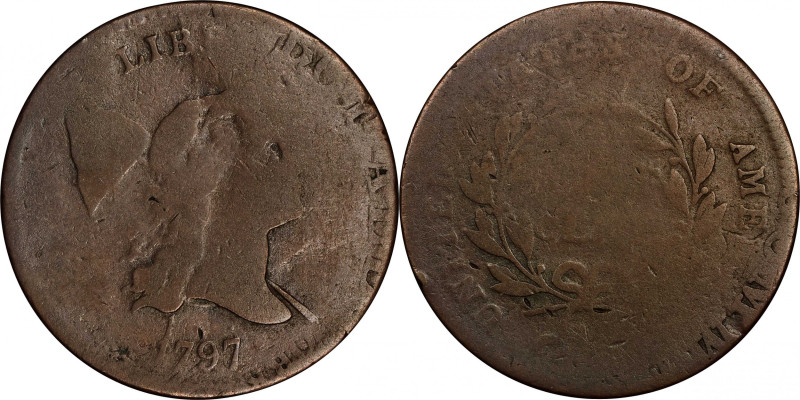 1797 Liberty Cap Half Cent. C-1. Rarity-2. 1 Above 1--Overstruck on a Cut-Down T...