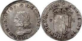 Undated (1659) Maryland Lord Baltimore Sixpence. W-1060, Breen-68, Hodder 2-C. Rarity-5. AU-50 (PCGS).
37.3 grains. A high grade example from the onl...
