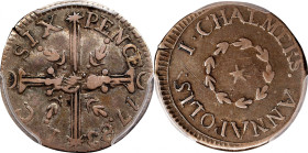 1783 John Chalmers Sixpence. W-1770, Breen-1014. Rarity-6. Large Date. VF-35 (PCGS).
26.6 grains. A lovely example, with choice deep gray color and s...