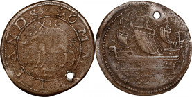 Undated (ca. 1616) Sommer Islands Shilling. BMA Type I, W-11460. Small Sails. EF Details--Holed (PCGS).
105.0 grains. Aside from its ancient flaw, th...