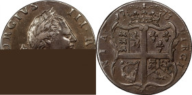 1773 Virginia Halfpenny. Newman 2-D, W-1450. Rarity-5. No Period After GEORGIVS, 7 Harp Strings. EF-40 (PCGS).
123.8 grains. Choice, glossy surfaces ...