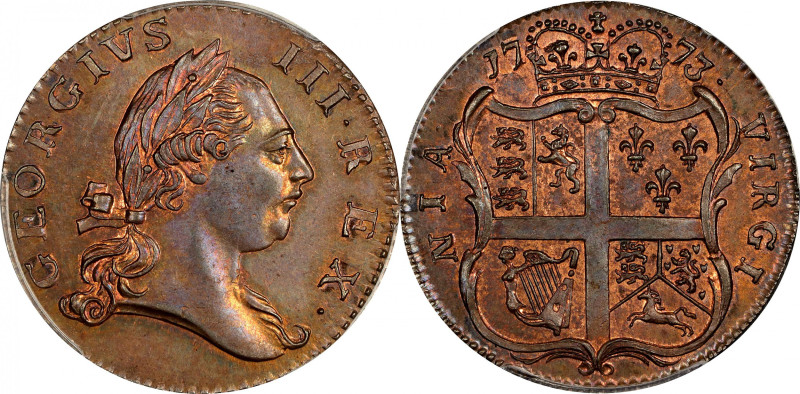 1773 Virginia Halfpenny. Newman 3-F, W-1455. Rarity-4. No Period After GEORGIVS,...