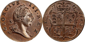 1773 Virginia Halfpenny. Newman 5-B, W-1410. Rarity-6. No Period After GEORGIVS, 6 Harp Strings. MS-64 BN (PCGS).
Satiny chocolate-brown surfaces pos...
