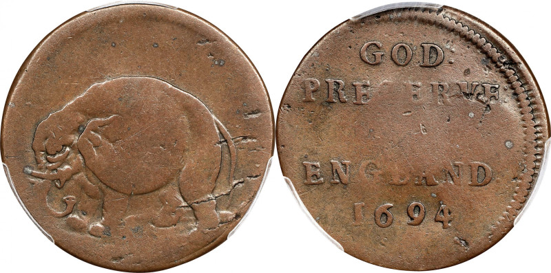 1694 New England Elephant Token. Hodder 2-G, W-12140, Breen-197, Betts-80. Rarit...