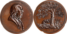 "1776" (post-1807) Franklin American Beaver Medal. By John Reich. Betts-546, Julian CM-8, Greenslet GM-80. Bronzed Copper. MS-67 BN (NGC).
41 mm. A s...