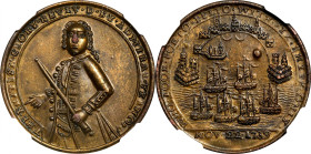 1739 Admiral Vernon Medal. Porto Bello with Vernon's Portrait Alone. Adams-Chao PBv 39-LL, M-G 66. Rarity-6. Copper. MS-64 (NGC).
27.1 mm. Exceptiona...