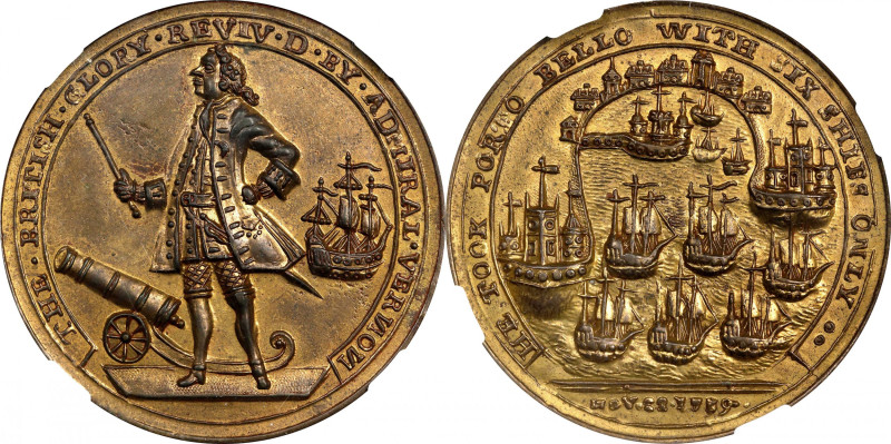 1739 Admiral Vernon Medal. Porto Bello with Vernon's Portrait and Icons. Adams-C...