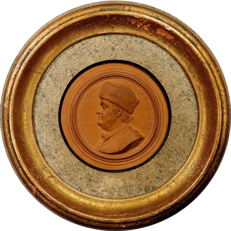 Framed 1777 B. Franklin Américain Portrait Plaque. By Jean-Baptiste Nini. Greens...