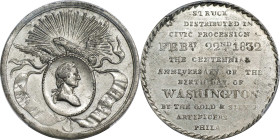 1832 Philadelphia Civic Procession Medal. Original. Musante GW-130, Baker-160A. White Metal. AU-58 (PCGS).
32.7 mm. 150.3 grains. Light pewter-gray s...