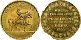 "1799" (ca. 1862) Equestrian Washington - Born, Died Medal. By Robert Lovett, Jr. Musante GW-547, Baker-158B. Brass. MS-65 (NGC).
29 mm. Gorgeous bra...