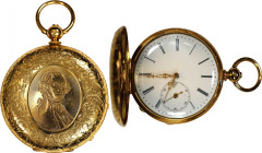 19th Century T. F. Cooper Gold Pocket Watch with George Washington Engraving.
68.0 grams total weight. Double signed K18. Tested 18k yellow gold open...