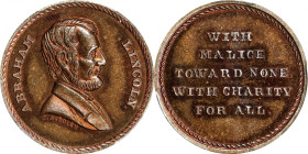 Undated (ca. 1865) Lincoln / With Malice Toward None Medal. By John Adams Bolen. Musante JAB-20, Cunningham 29-010C, King-866. Copper. MS-66 RB (PCGS)...