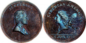 "1776" (ca. 1867) Jefferson Bust / Libertas Americana Muling. By John Adams Bolen. Musante JAB M-5. Copper. Marked "B 5" on Edge. MS-66+ BN (PCGS).
2...