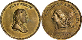 "1776" (ca. 1867) Jefferson Bust / Libertas Americana Muling. By John Adams Bolen. Musante JAB M-5. Brass. MS-65 (PCGS).
25 mm. Gorgeous brassy-olive...