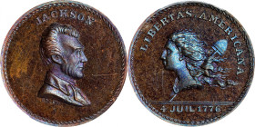 "1776" (ca. 1867) Jackson Bust / Libertas Americana Muling. By John Adams Bolen. Musante JAB M-6. Copper. Marked "B 5" on Edge. MS-64 BN (PCGS).
25.4...