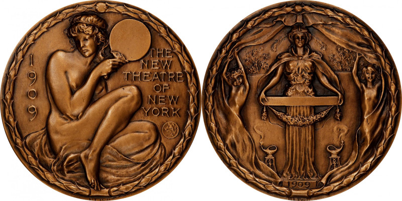 1909 New Theatre of New York Medal. By Bela Lyon Pratt. Miller-25. Bronze. Trimm...