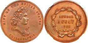 1861 United States Assay Commission Medal. By James Barton Longacre. JK AC-2. Rarity-5. Copper. MS-62 BN (NGC).
33 mm. Glints of faded reddish-rose m...