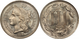 1868 Nickel Three-Cent Piece. MS-67 (PCGS). CAC.
A glorious example of both the type and the issue. Brilliant surfaces are ice-white in appearance an...