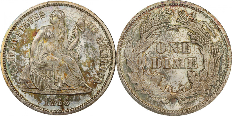 1866 Liberty Seated Dime. Fortin-102b. Rarity-6. MS-67 (PCGS).
Stellar quality ...