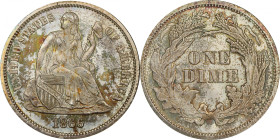 1866 Liberty Seated Dime. Fortin-102b. Rarity-6. MS-67 (PCGS).
Stellar quality for this low mintage, key date circulation strike Liberty Seated dime ...