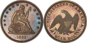 1863 Liberty Seated Quarter. Breen 1-A. MS-66 (PCGS). CAC.
A handsome coin that displays gently mottled olive-russet and sandy-silver patina to soft,...