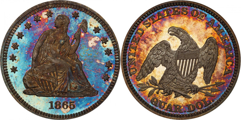 1865 Liberty Seated Quarter. Proof-66+ Cameo (PCGS).
Truly a delight to behold,...
