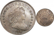 1799/8 Draped Bust Silver Dollar. BB-143, B-2. Rarity-4. 13-Star Reverse. AU-55 (PCGS).
This impressive and highly significant early dollar offers de...