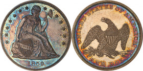 1859 Liberty Seated Silver Dollar. Proof-64+ (PCGS). CAC.
A visually engaging piece, the obverse exhibits rich olive-russet and steel-blue iridescenc...