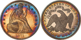 1871 Liberty Seated Silver Dollar. Proof-66 (PCGS).
This is a gorgeous coin that possesses vivid undertones of cobalt blue, salmon-pink and golden-or...