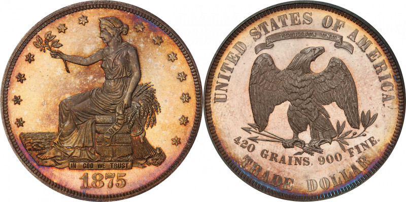 1875 Trade Dollar. Type I/II. Proof-65 Cameo (PCGS). CAC.
A delightful specimen...