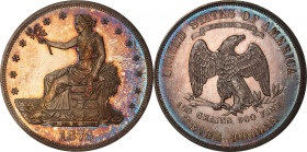 1876 Trade Dollar. Type I/I. Proof-64 Cameo (PCGS). CAC.
Handsome toning is more vivid on the obverse, yet equally original and desirable on both sid...