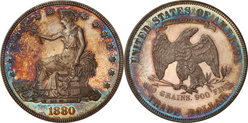 1880 Trade Dollar. Proof-66 (PCGS). CAC.
An exquisite premium Gem to represent ...