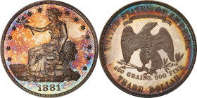1881 Trade Dollar. Proof-66 (PCGS). CAC.
A dazzling specimen with swaths of vivid olive-russet and steel-blue iridescence drifting over a base of pea...