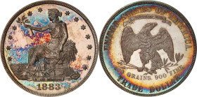 1883 Trade Dollar. Proof-64+ (PCGS).
Endearing surfaces exhibit mottled olive-russet and steel-blue obverse toning, warmer midnight-blue and sandy-ma...
