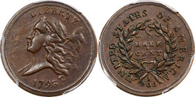 1793 Liberty Cap Half Cent. Head Left. C-2. Rarity-3. AU-55 (PCGS).
This is a remarkably well preserved, highly appealing example of a classic early ...
