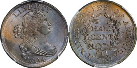 1804 Draped Bust Half Cent. C-13. Rarity-1. Plain 4, Stemless Wreath. MS-65 BN (PCGS). CAC.
A lovely, fully original, uncommonly well preserved examp...