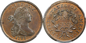 1797 Draped Bust Cent. S-135. Rarity-3. Reverse of 1797, Stems to Wreath. MS-65 BN (PCGS). CAC.
This very attractive coin would do equally well in a ...