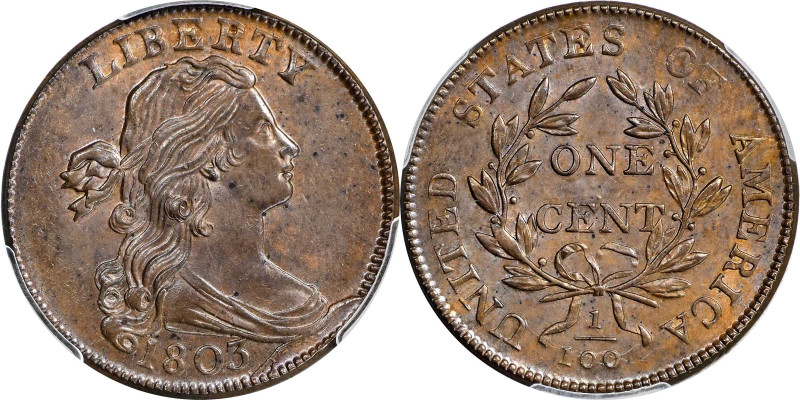 1803 Draped Bust Cent. S-254. Rarity-1. Small Date, Small Fraction. MS-63 BN (PC...