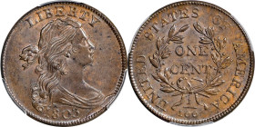 1803 Draped Bust Cent. S-254. Rarity-1. Small Date, Small Fraction. MS-63 BN (PCGS). CAC.
This fully lustrous and glossy medium brown cent exhibits d...