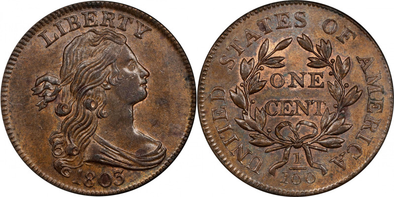 1803 Draped Bust Cent. S-258. Rarity-1. Small Date, Large Fraction. MS-64 RB (NG...