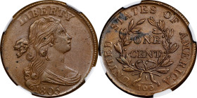 1805 Draped Bust Cent. S-267. Rarity-1. MS-63 BN (NGC).
A lovely, conditionally rare example of the type, date and die pairing. Frosty surfaces are h...