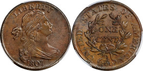 1807 Draped Bust Cent. S-276. Rarity-1. Large Fraction. MS-63 BN (PCGS).
This lovely 1807 cent displays plenty of gloss to hard, satiny surfaces. The...